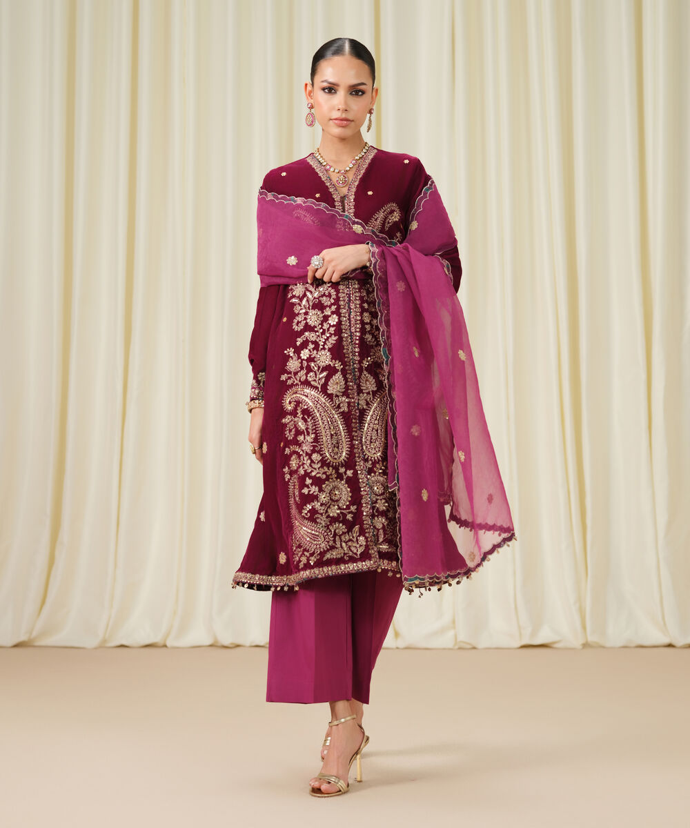 Women's Unstitched Embroidered Velvet Pink 3 Piece Suit