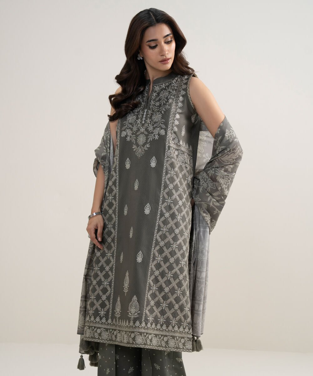 Women's Unstitched Dobby Embroidered Grey 3 Piece Suit