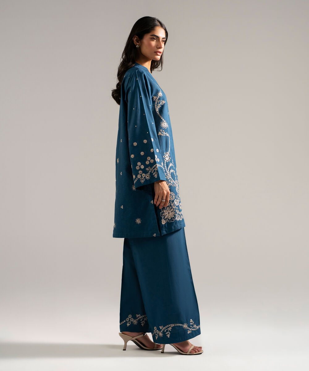 Women's RTW Self Jacquard Embroidered Blue 2 Piece Suit