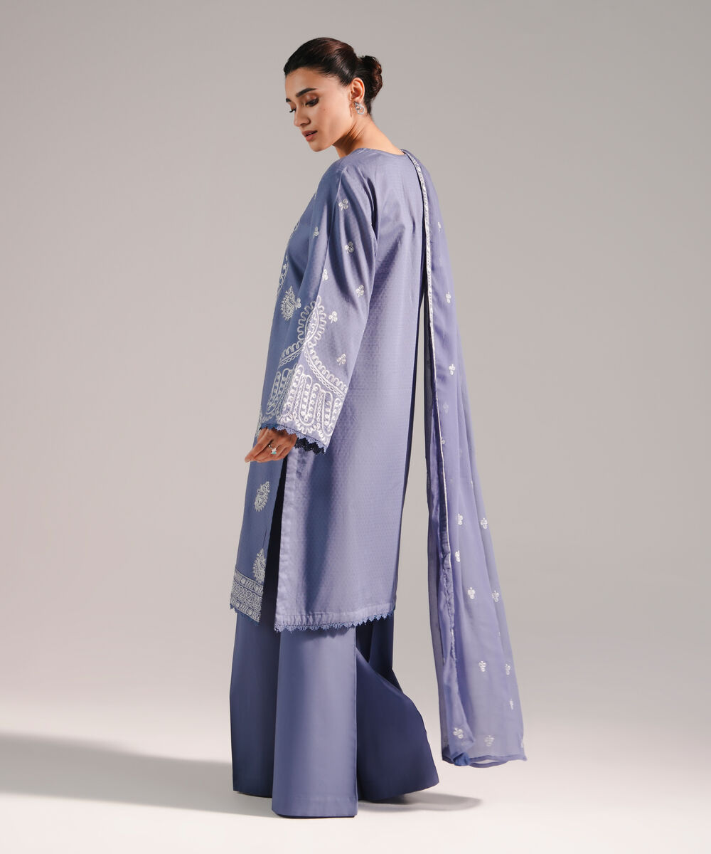 Women's RTW Dobby Embroidered Steel Blue 3 Piece Suit