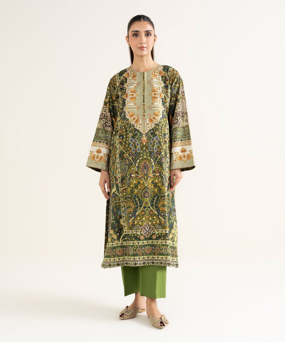 Women's RTW Linen Viscose Embroidered Green A-Line Shirt