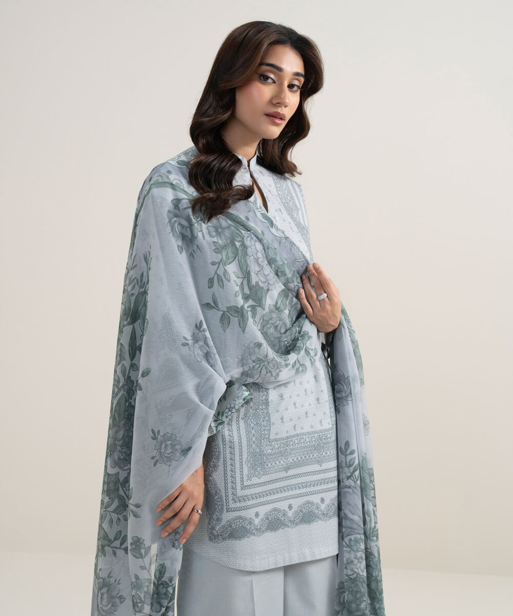 Women's Unstitched Lawn Printed Blue 3 Piece Suit