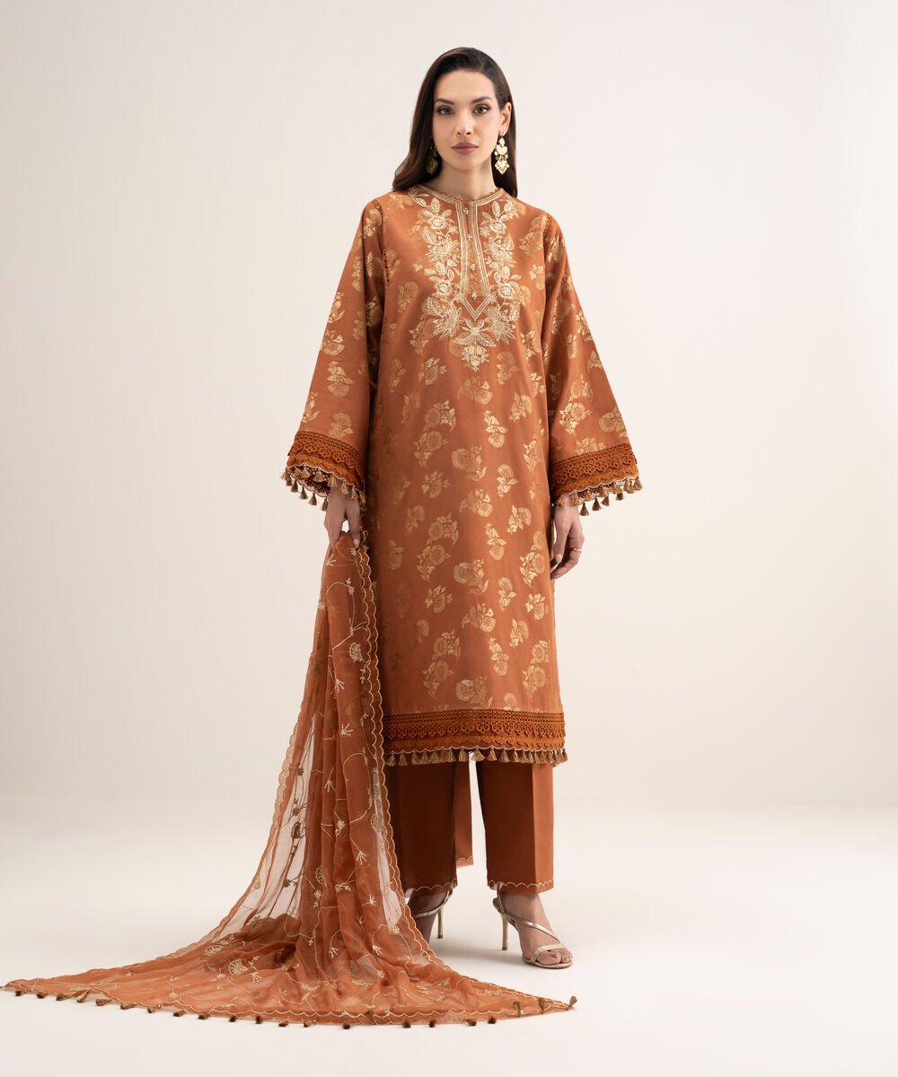Women's Unstitched Extra Weft Jacquard Embroidered Orange 3 Piece Suit