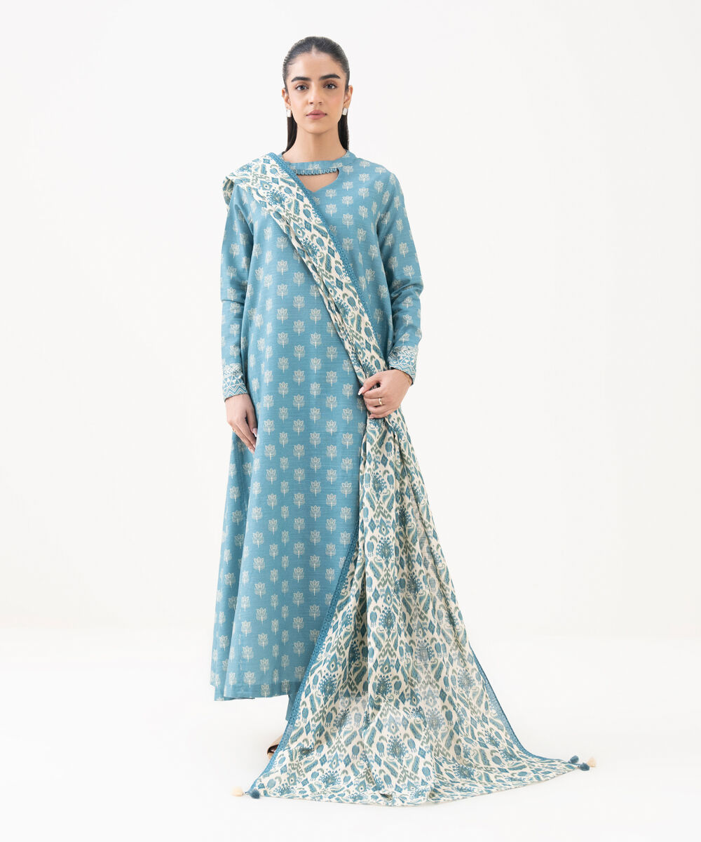 Women's Unstitched Cotton Printed Blue 3 Piece Suit