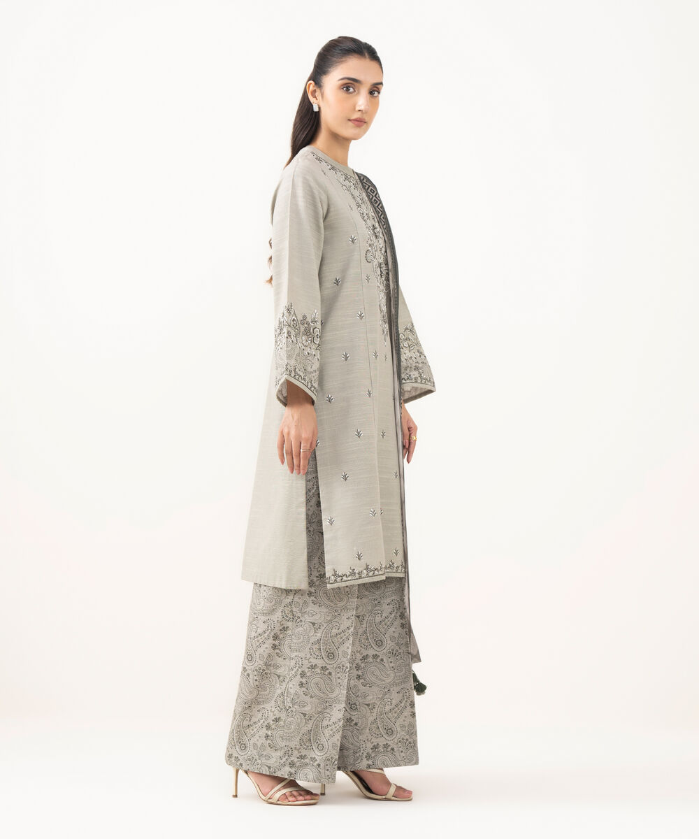 Women's Unstitched Khaddar Embroidered Grey 3 Piece Suit