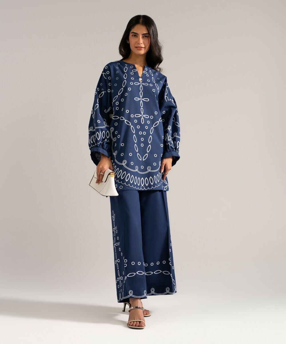 Women's RTW Slub Lawn Printed Blue 2 Piece Suit