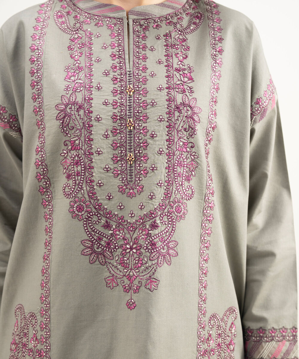 Women's Unstitched Lawn Embroidered Grey 3 Piece Suit