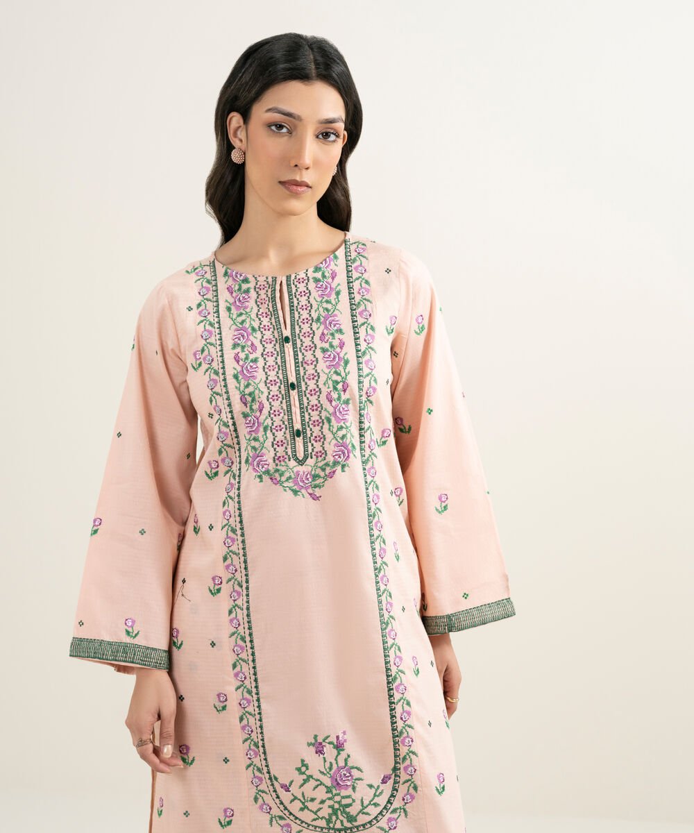 Women's RTW Dobby Embroidered Pink Straight Shirt