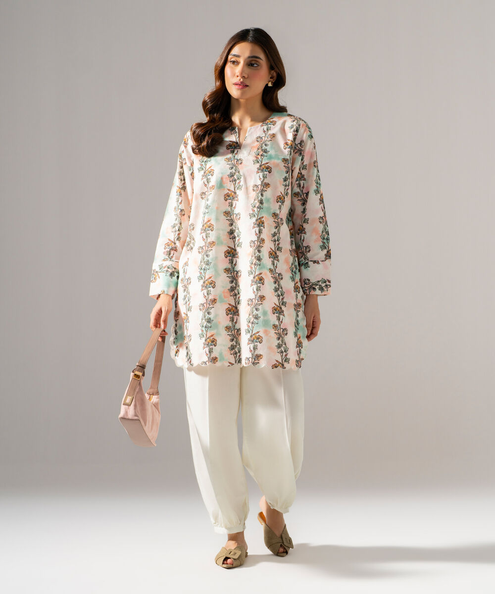 Women's RTW Cambric Printed Off White Straight Shirt