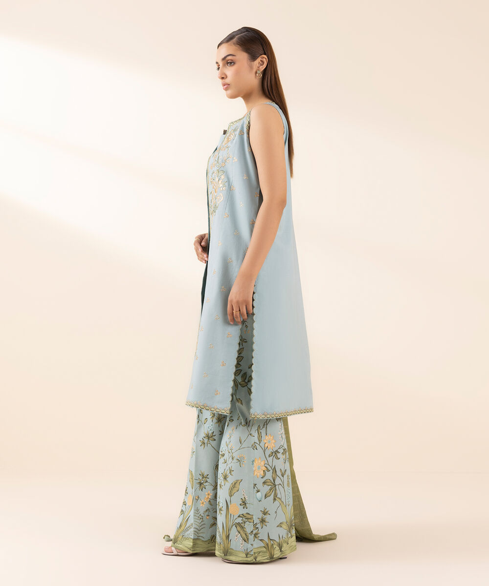 Women's Unstitched Lawn Embroidered Blue 3 Piece Suit