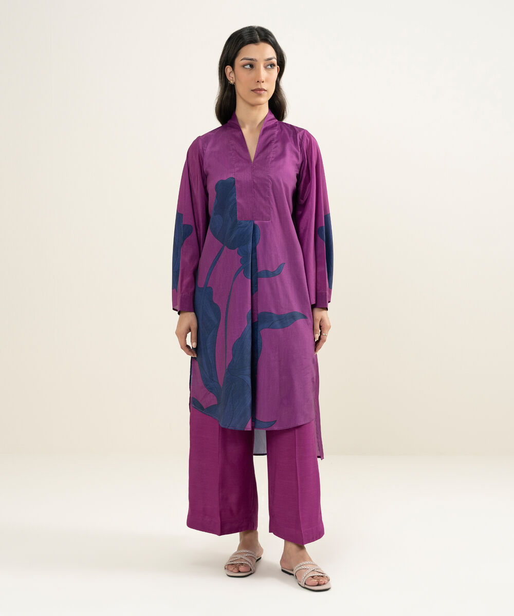 Women's RTW Blended Grip Silk Printed Purple 2 Piece Suit