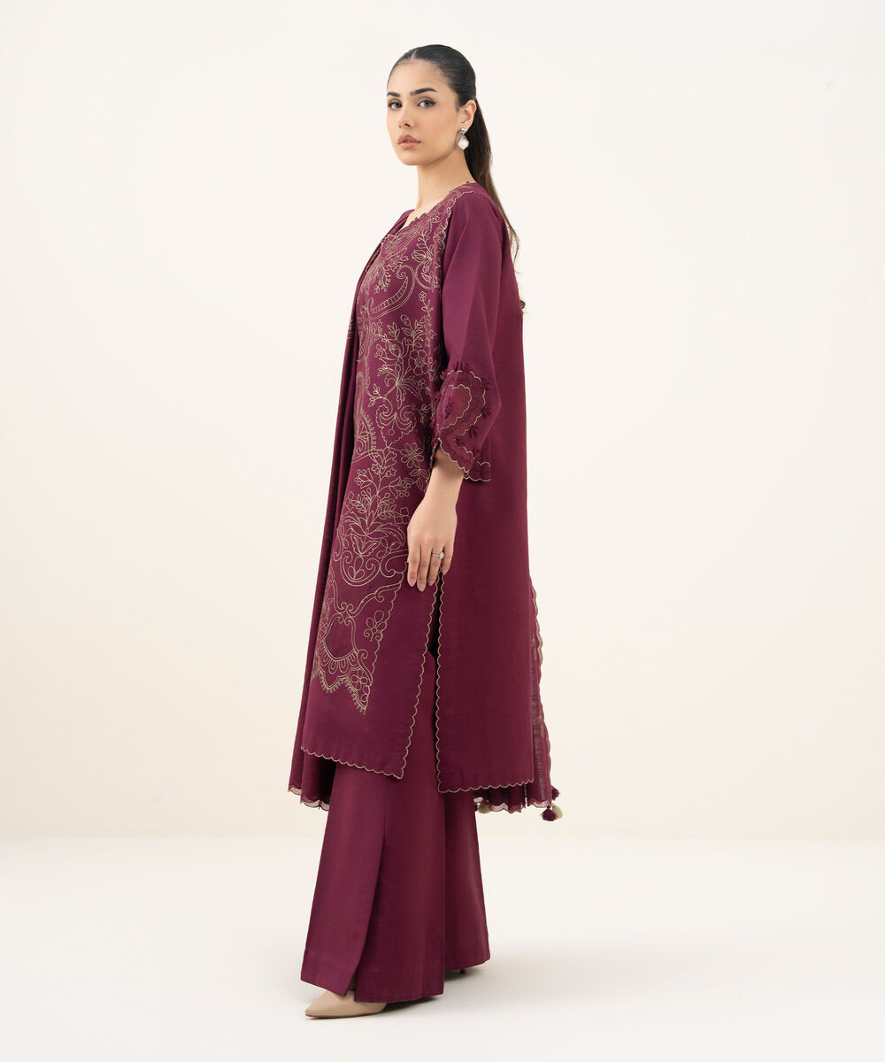 Women's Unstitched Embroidered Cotton Plum 3 Piece Suit