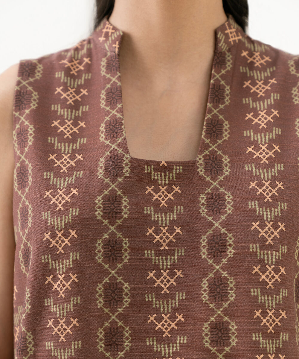 Women's Unstitched Cotton Printed Brown 2 Piece Suit