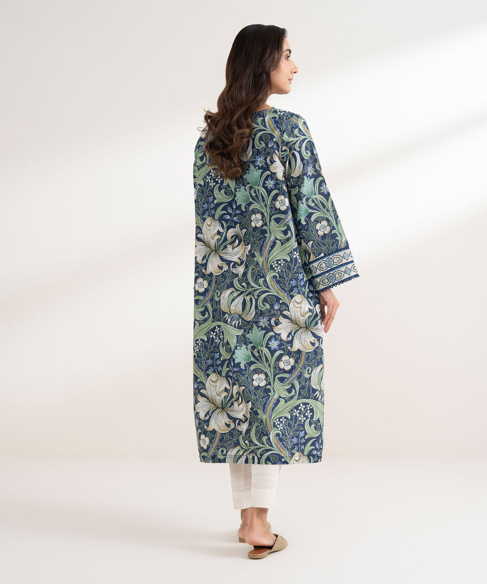 Women's RTW Cotton Printed Straight BLue Shirt