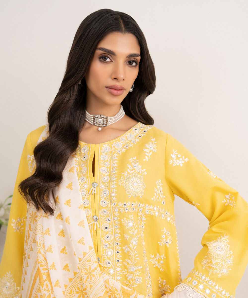 Women's RTW Zari Cotton Embroidered Yellow 3 Piece Suit