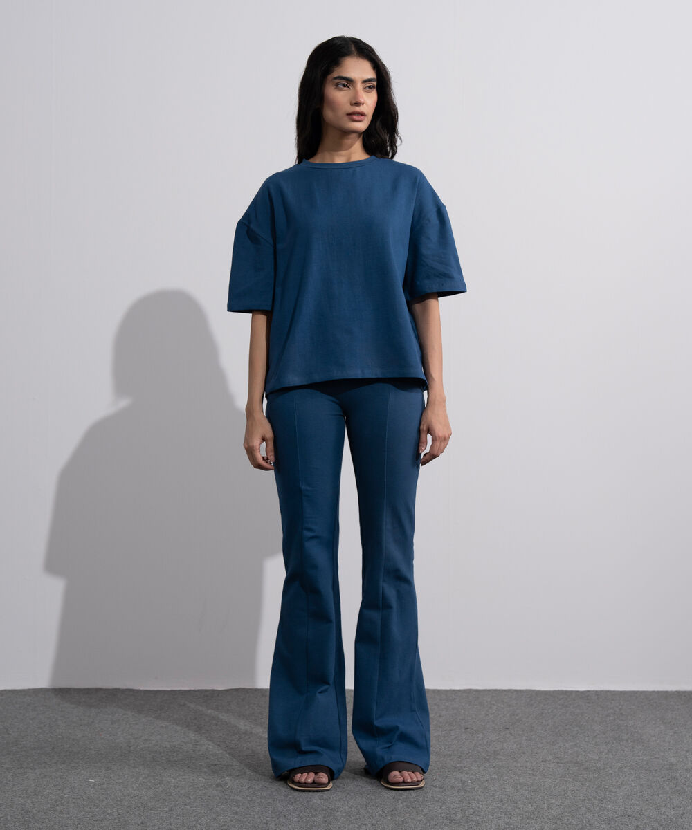 Women's Blue Stretchy Flared Trousers