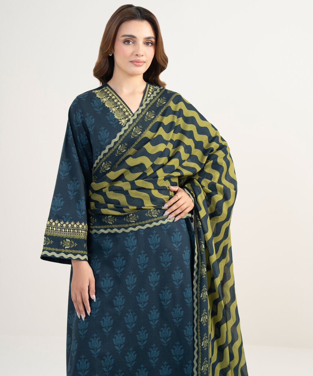 Women's Unstitched Lawn Embroidered Blue 3 Piece Suit