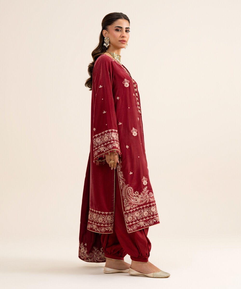 Women's Unstitched Velvet Embroidered Red 3 Piece Suit