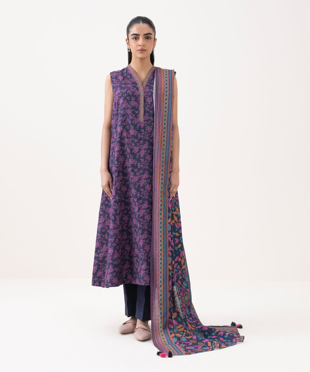 Women's Unstitched Khaddar Printed Purple 3 Piece Suit
