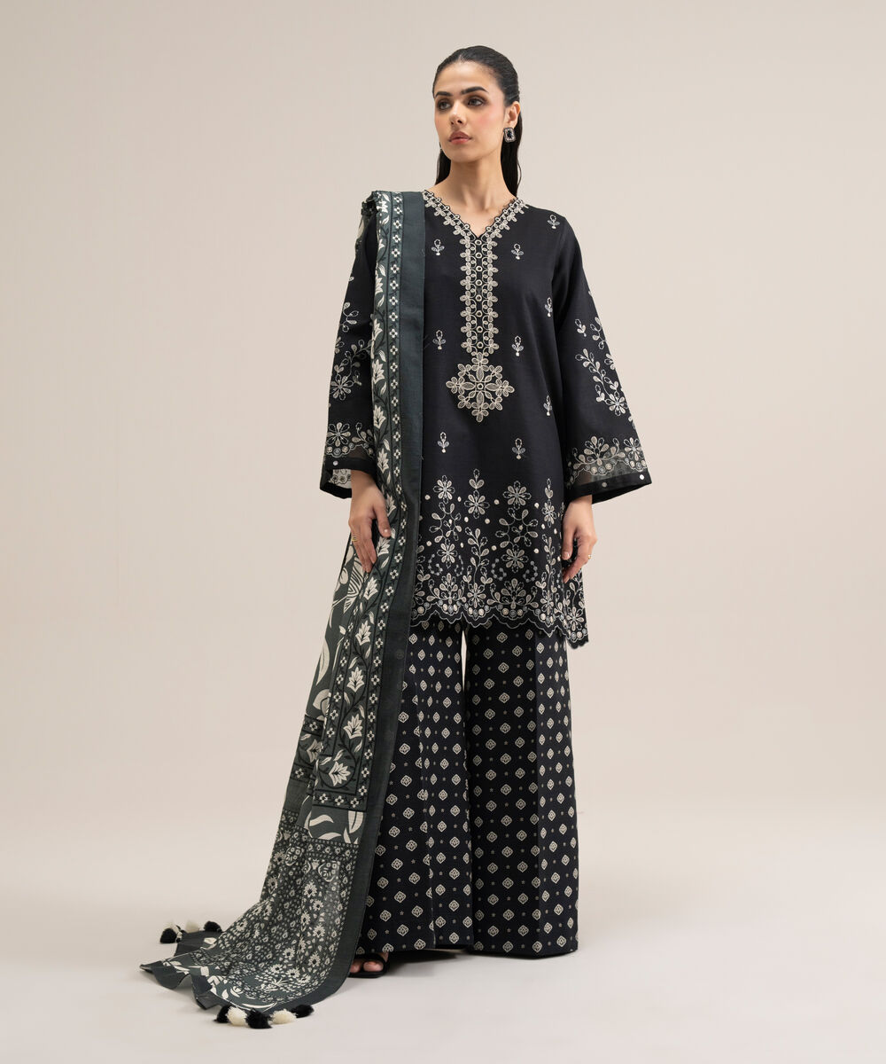 Women's Unstitched Lawn Embroidered Black 3 Piece Suit
