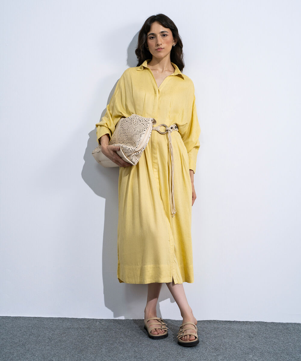 Women's Butter Yellow Linen Blend Dress With  Crochet Belt