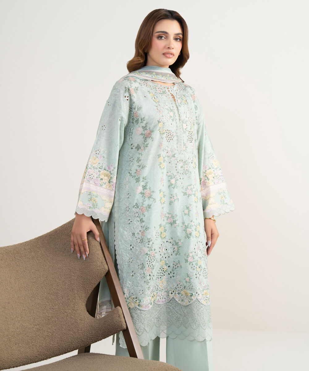 Women's Unstitched Fine Lawn Embroidered White  3 Piece Suit