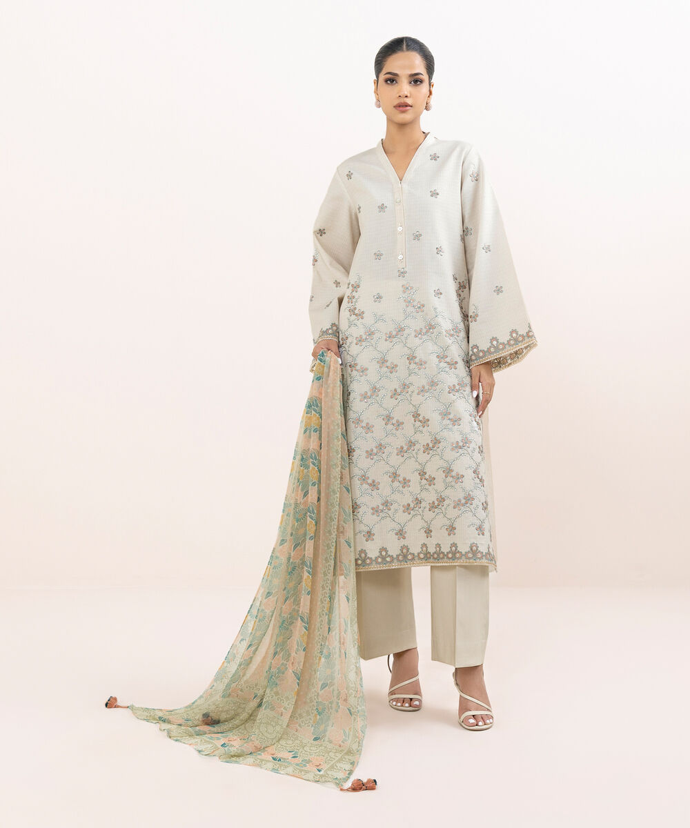 Women's Unstitched Linen Jacquard Dyed Three Piece Suit