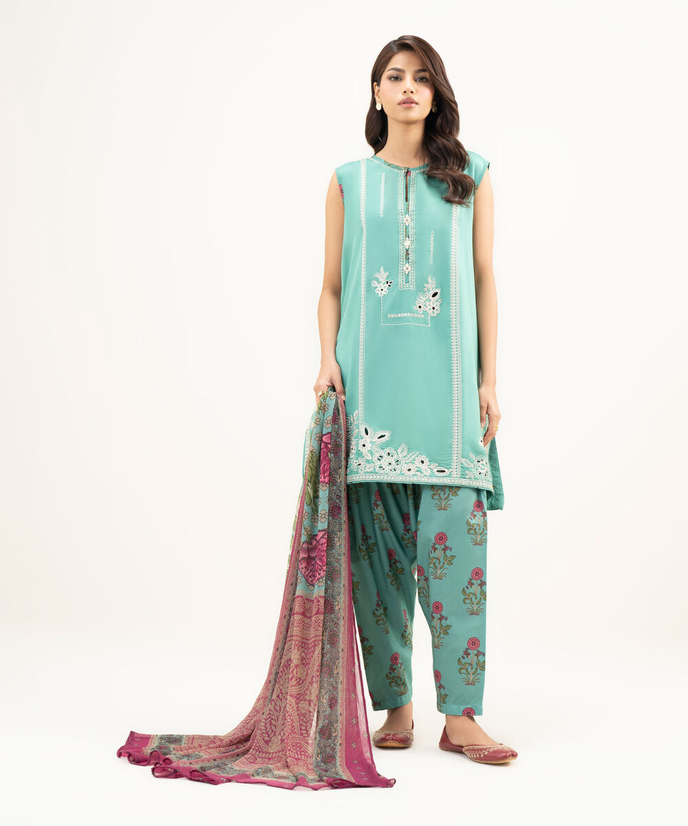 Women's RTW Dobby Embroidered Turquoise 3 Piece Suit
