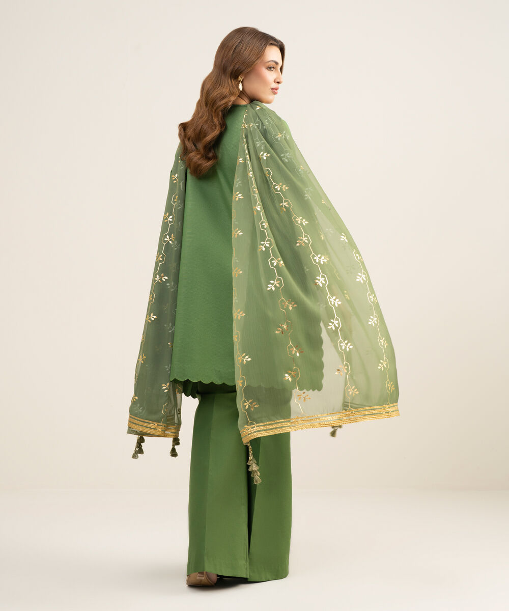 Women's Unstitched Zari Lawn Embroidered Green  3 Piece Suit