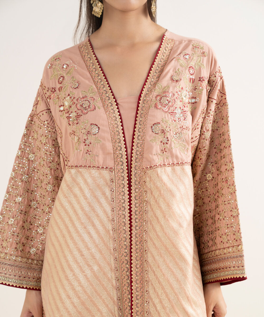 Women's RTW Textured Viscose Embroidered Dusty Peach 3 Piece Suit