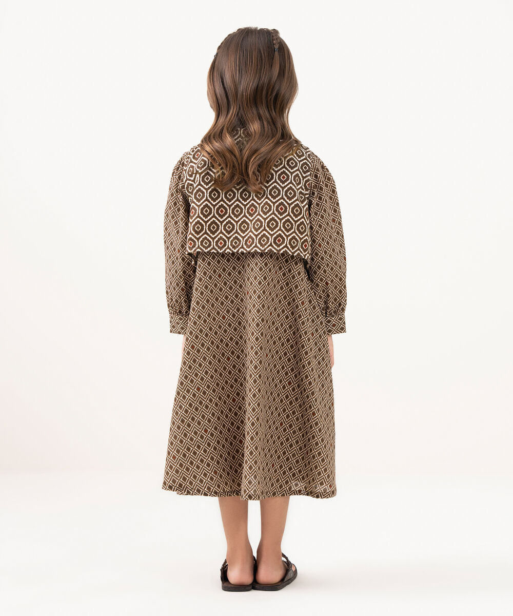 Girl's Light Khaddar Printed Brown A-Line Shirt