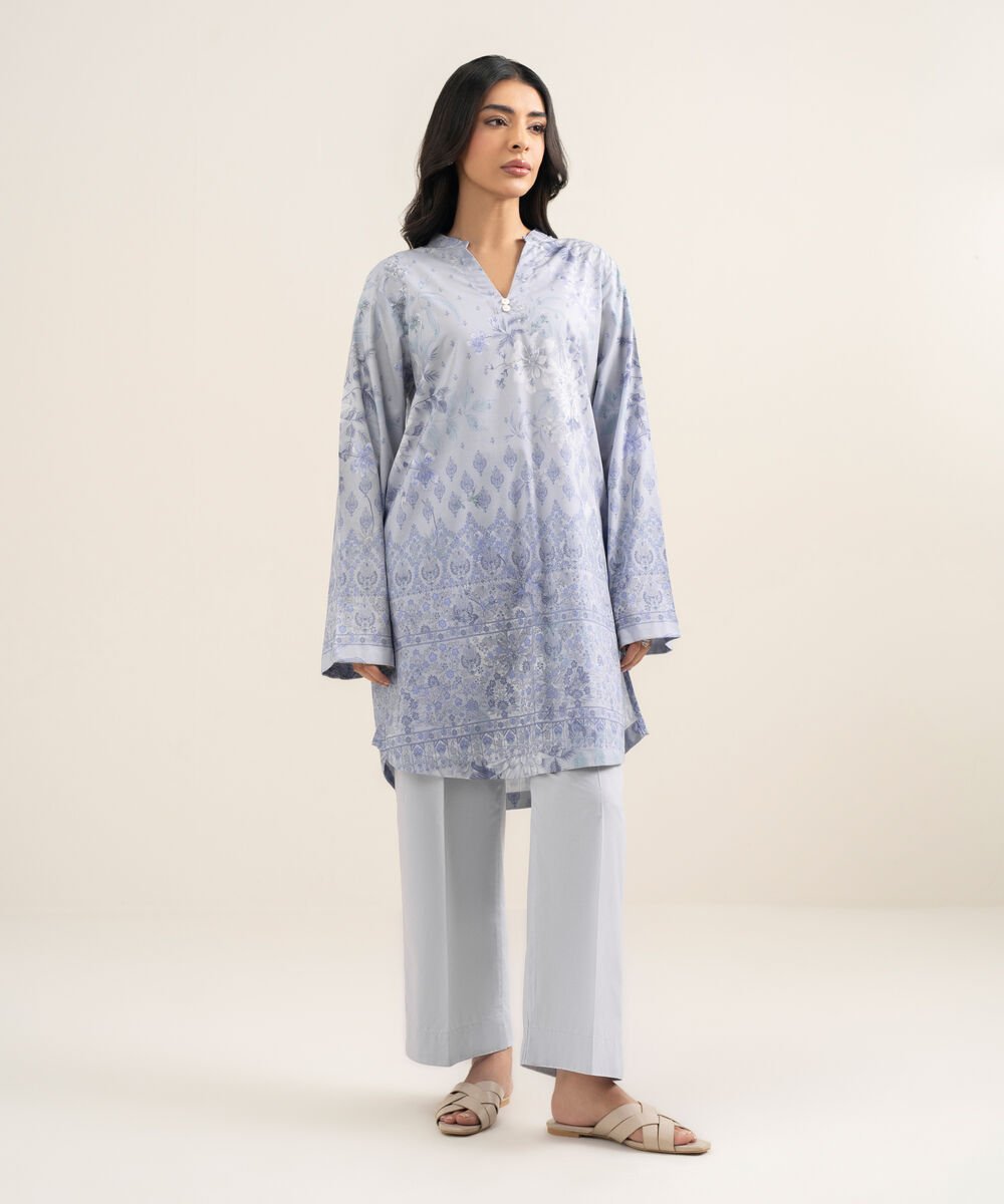 Women's RTW Cotton Viscose Printed Purple Straight Shirt