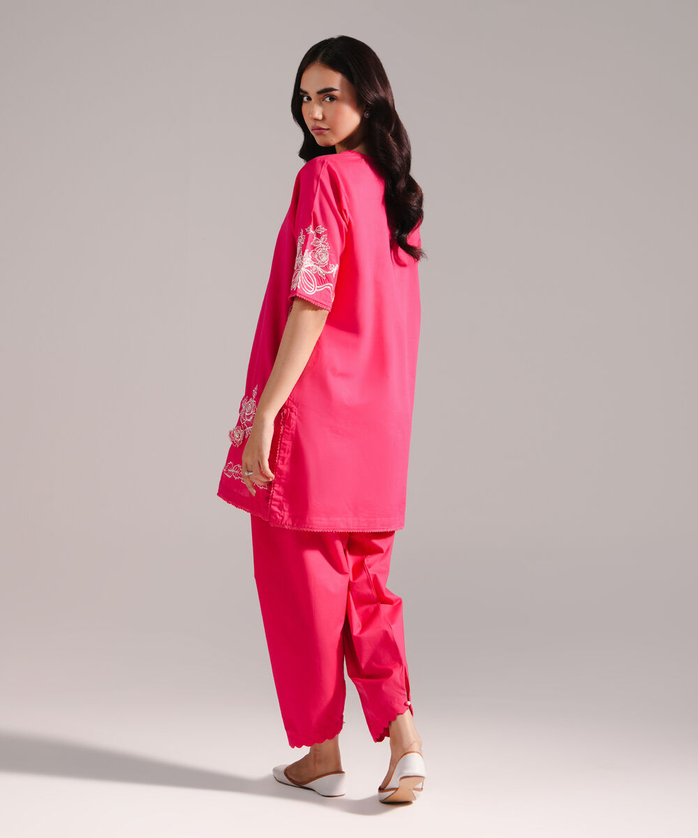 Women's RTW Slub Lawn Embroidered Pink Straight Shirt