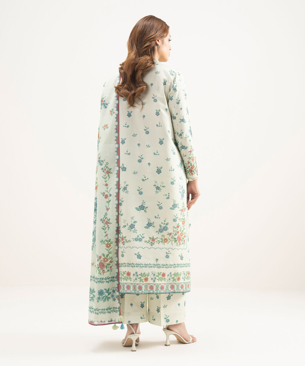 Women's Unstitched Zari Lawn Printed Off White 3 Piece Suit
