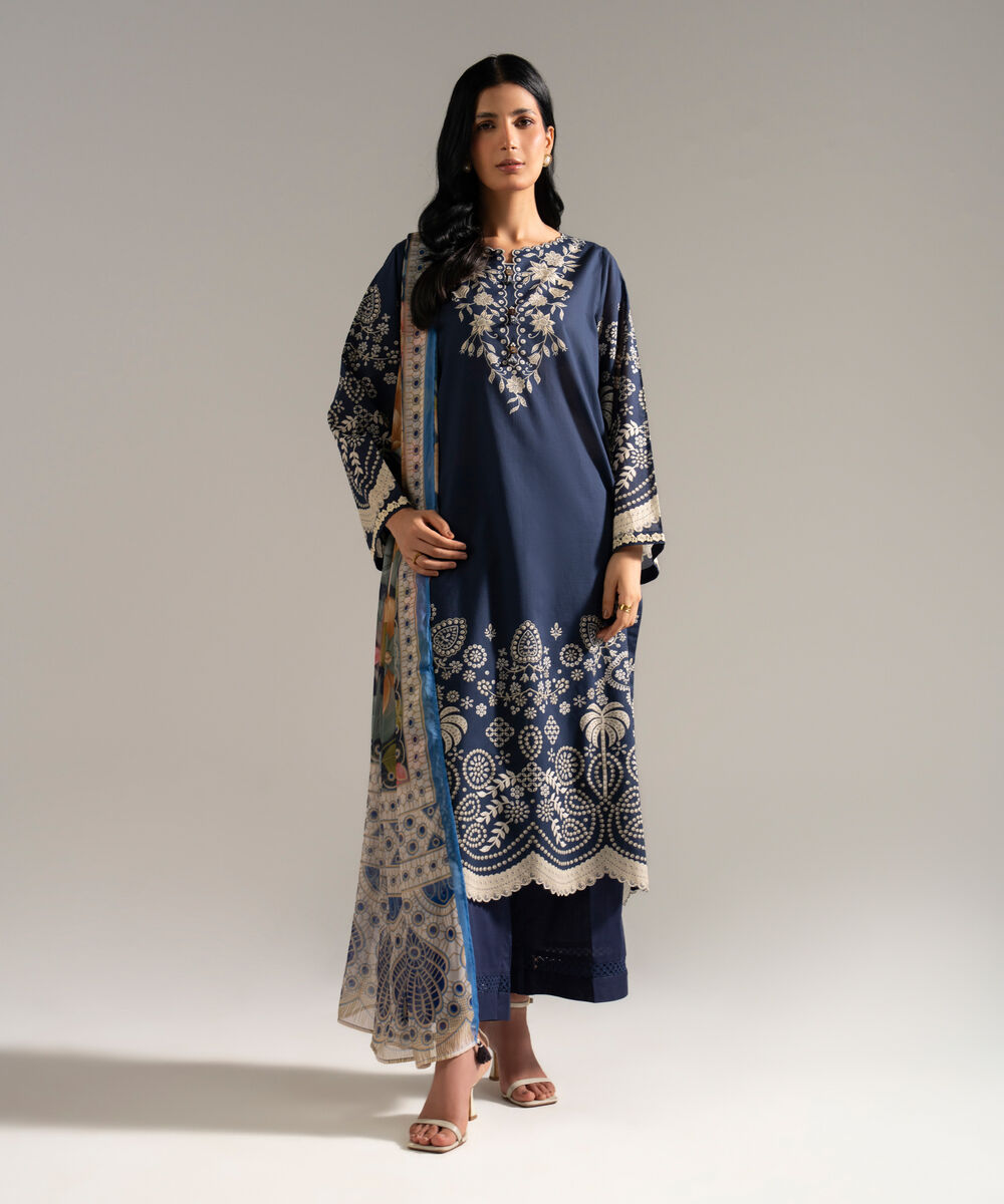 Women's RTW Slub Lawn Printed Blue 3 Piece Suit