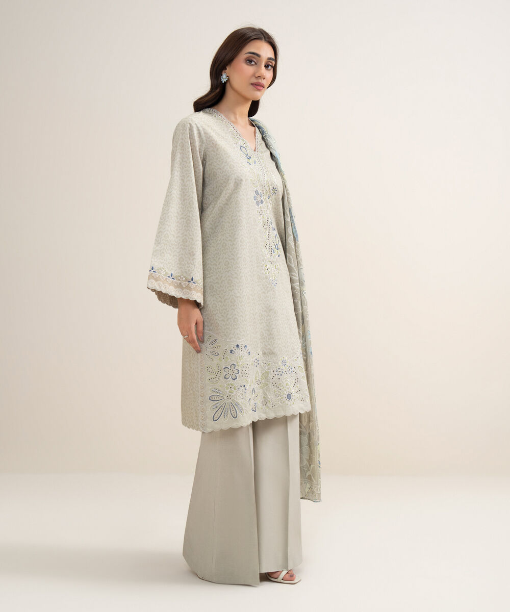 Women's Unstitched Lawn Embroidered Beige 3 Piece Suit