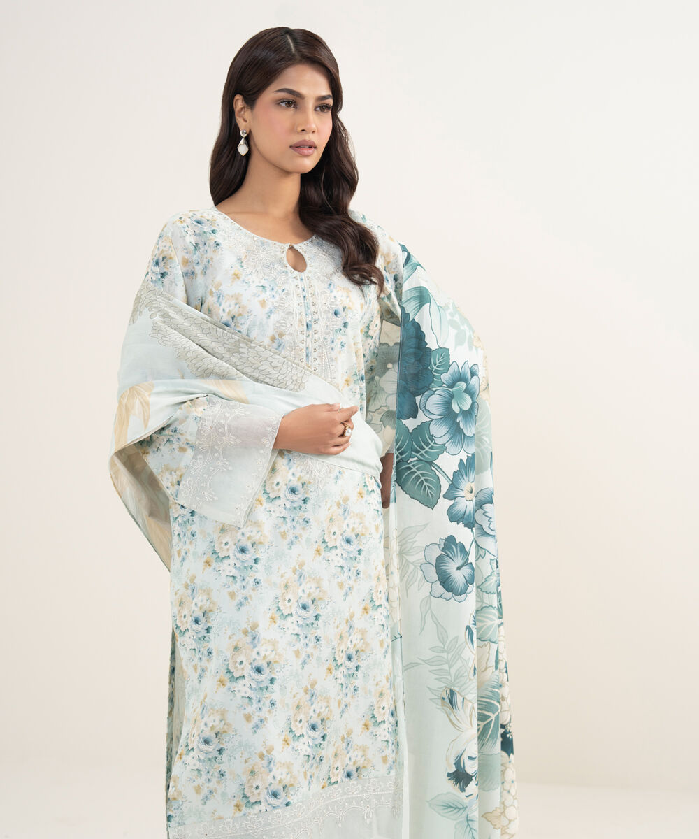 Women's Unstitched Lawn Embroidered Aqua  2 Piece Suit