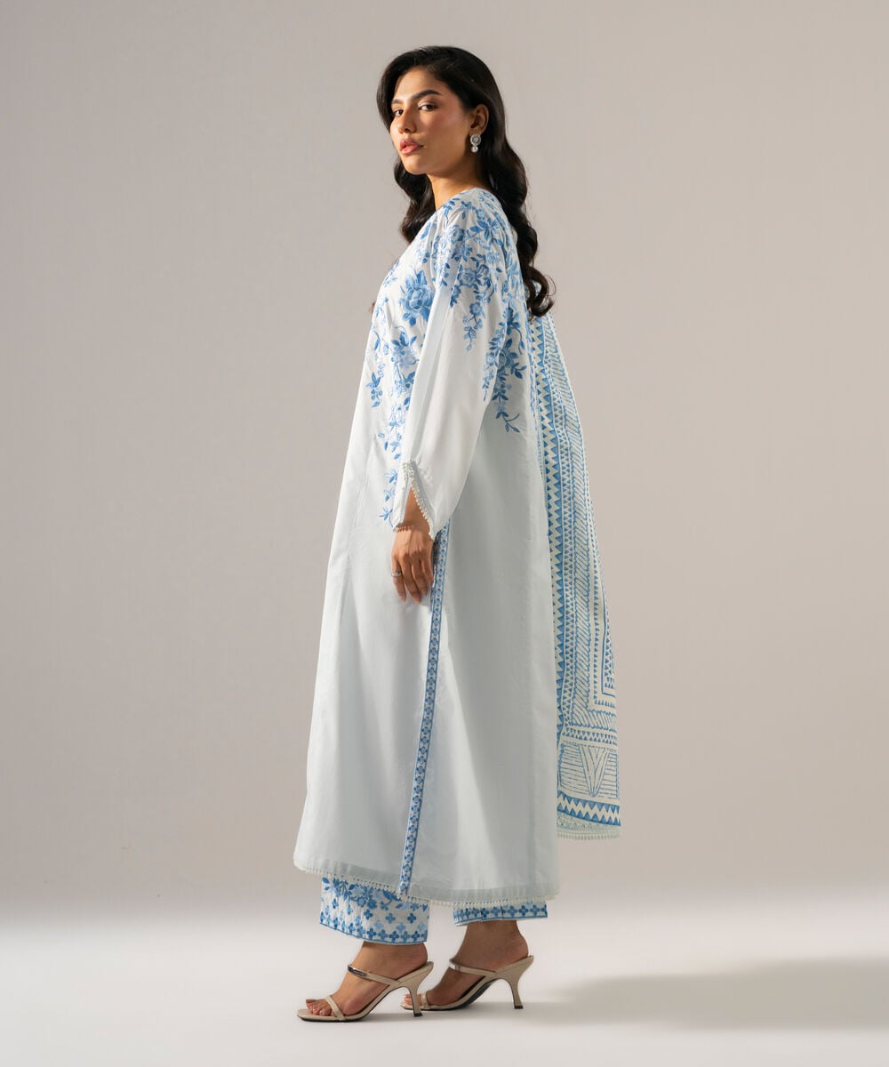 Women's RTW Cambric Solid Embroidered Blue 3 Piece Suit