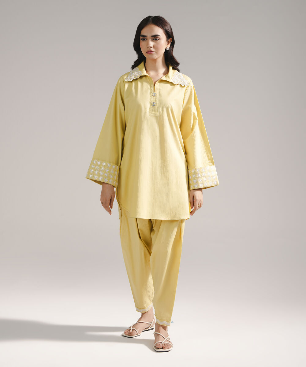Women's RTW Seersucker Embroidered Yellow Straight Shirt