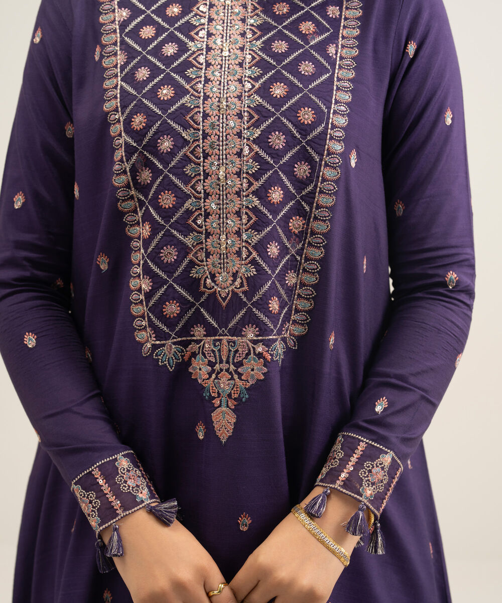 Women's Unstitched Viscose Raw Silk Embroidered Purple 3 Piece Suit