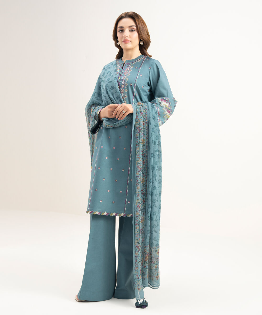 Women's Unstitched Lawn Embroidered Blue  3 Piece Suit