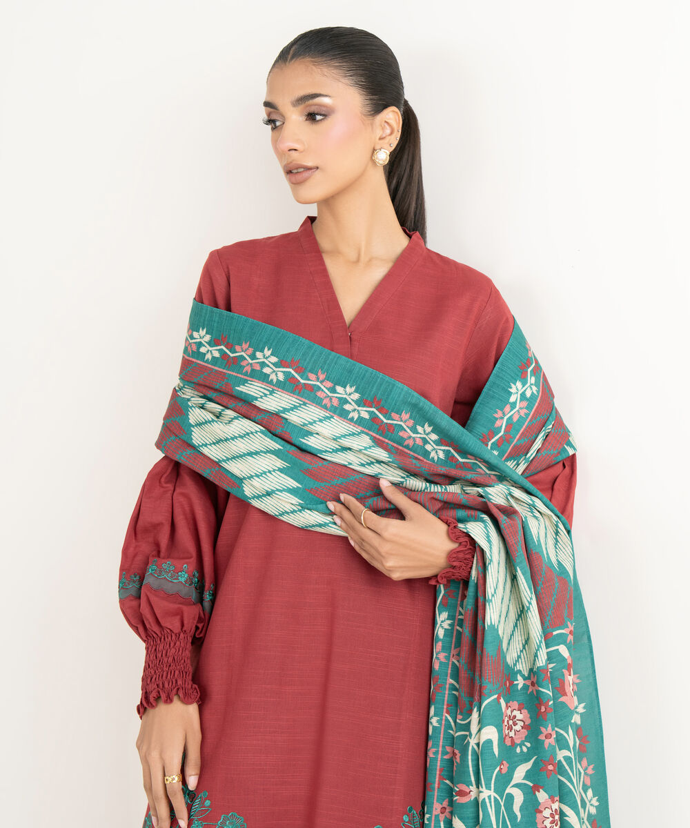 Women's Unstitched Light Khaddar Embroidered Red 3 Piece Suit