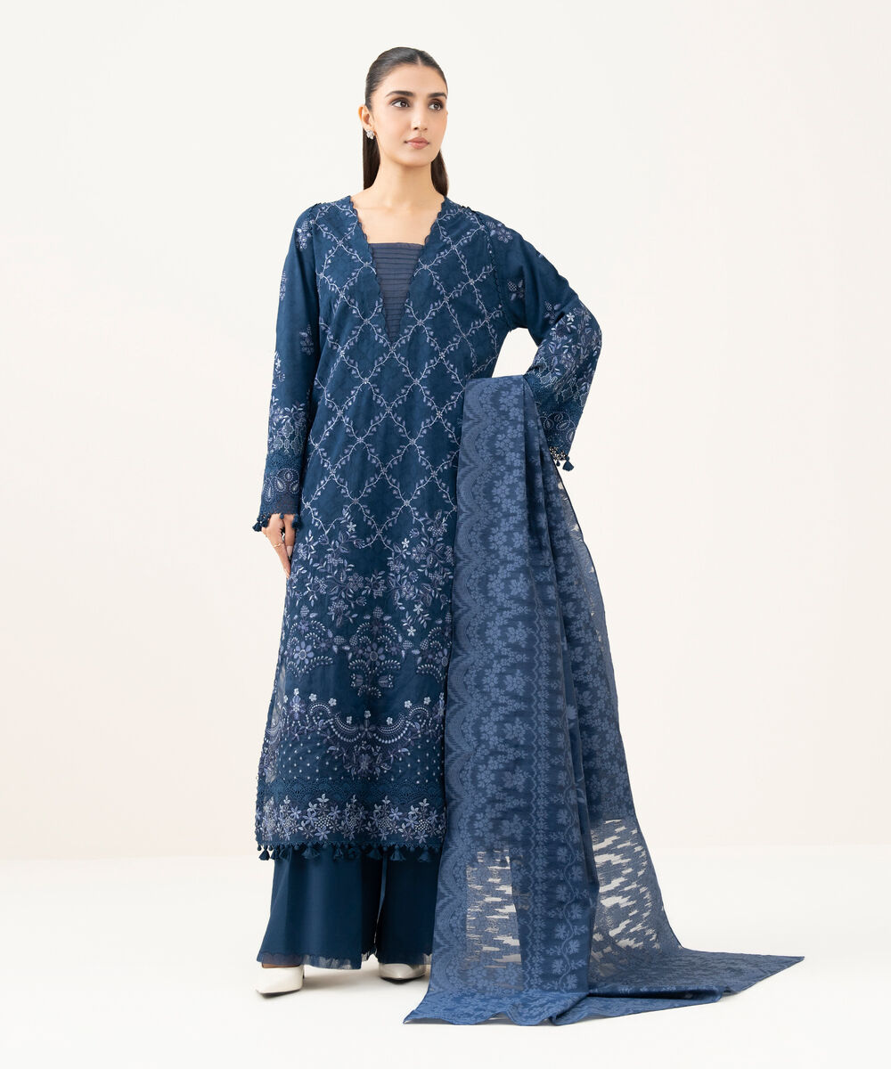 Women's Unstitched Linen Jacquard Embroidered Blue 3 Piece Suit