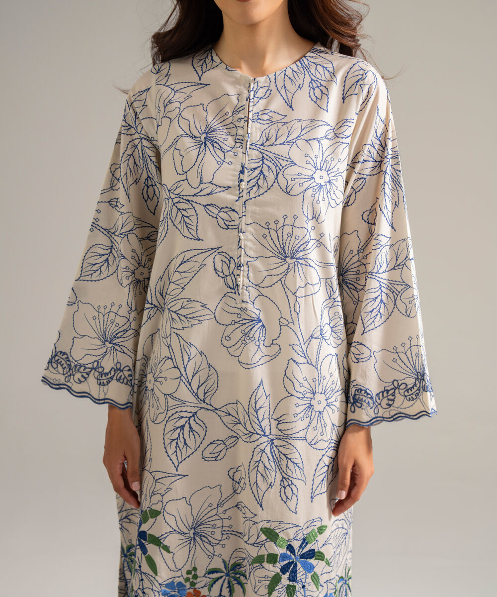 Women's RTW Cambric Embroidered White 2 Piece Suit