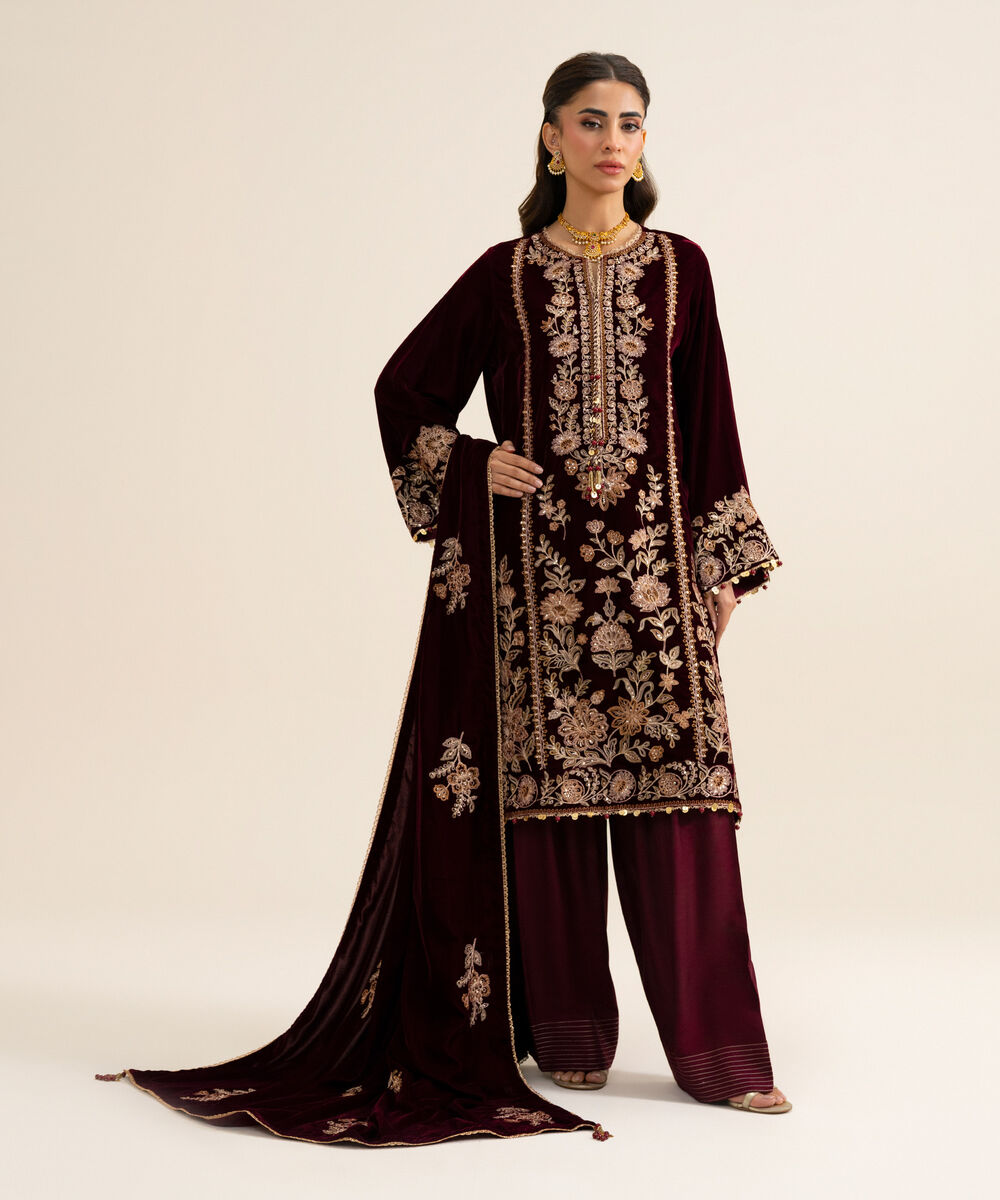 Women's Unstitched Velvet Embroidered Plum 3 Piece Suit