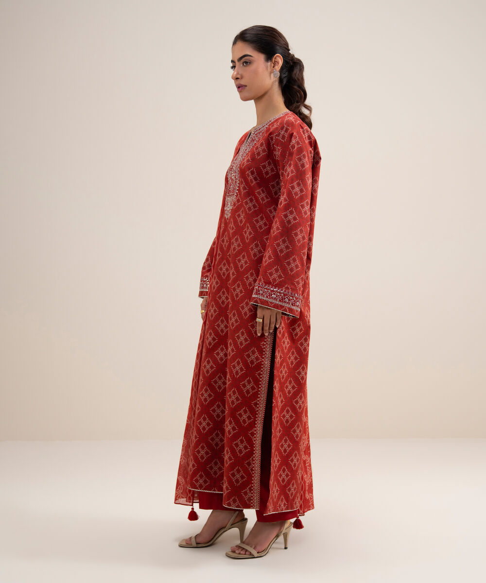 Women's Unstitched Lawn Embroidered Red 3 Piece Suit