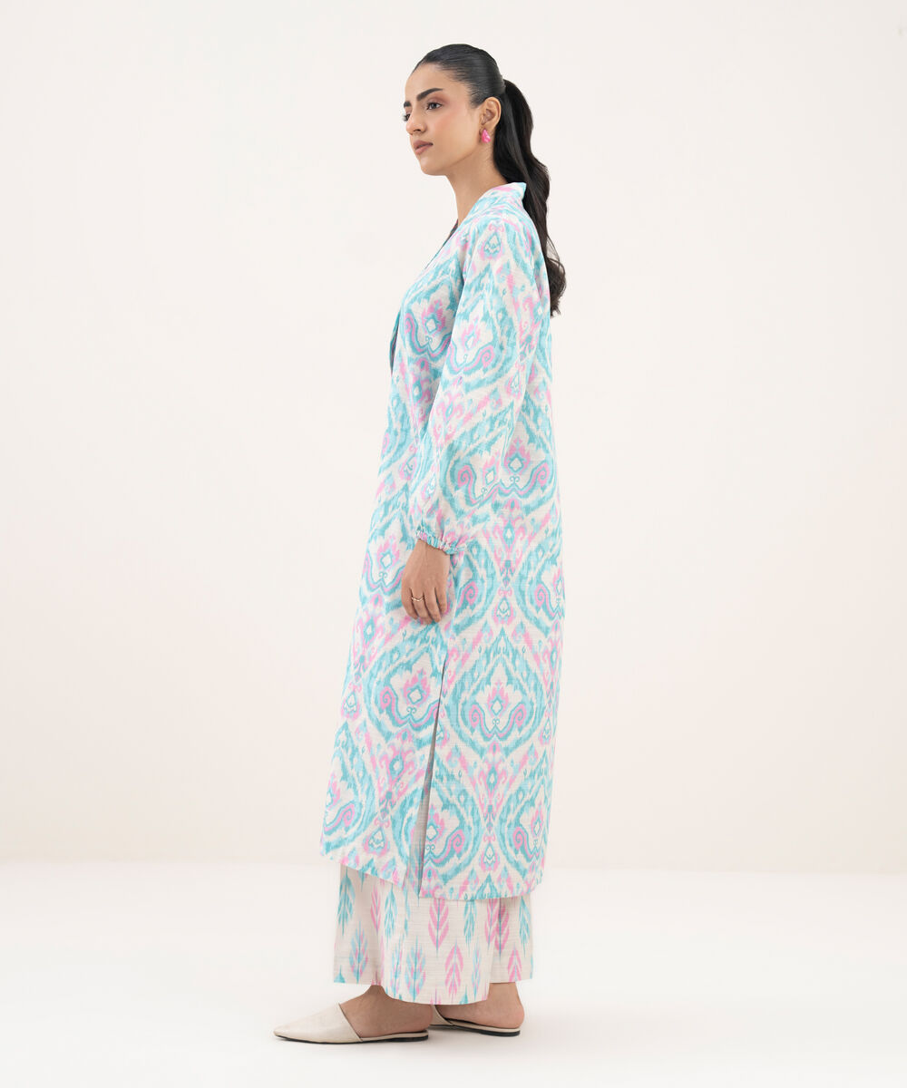 Women's RTW Khaddar Printed Straight Turquoise Shirt