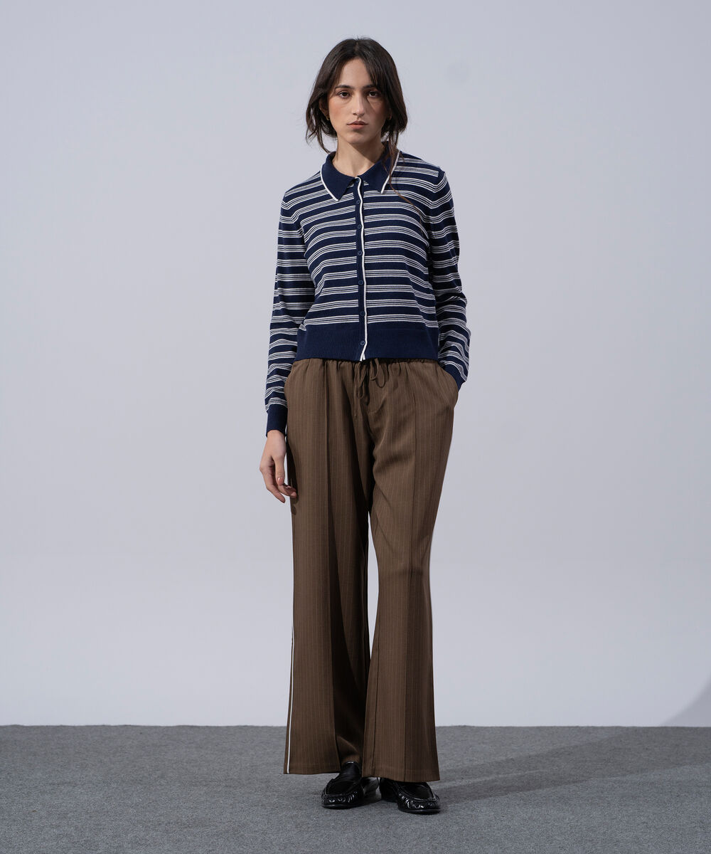 Women's Western Wear Navy Blue And White Striped Knit Cardigan