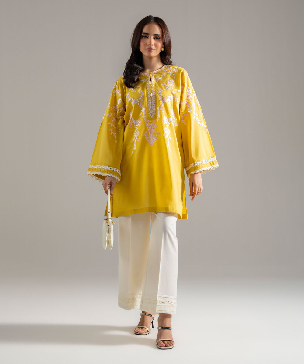Women's RTW Lawn Solid Embroidered Yellow Straight Shirt