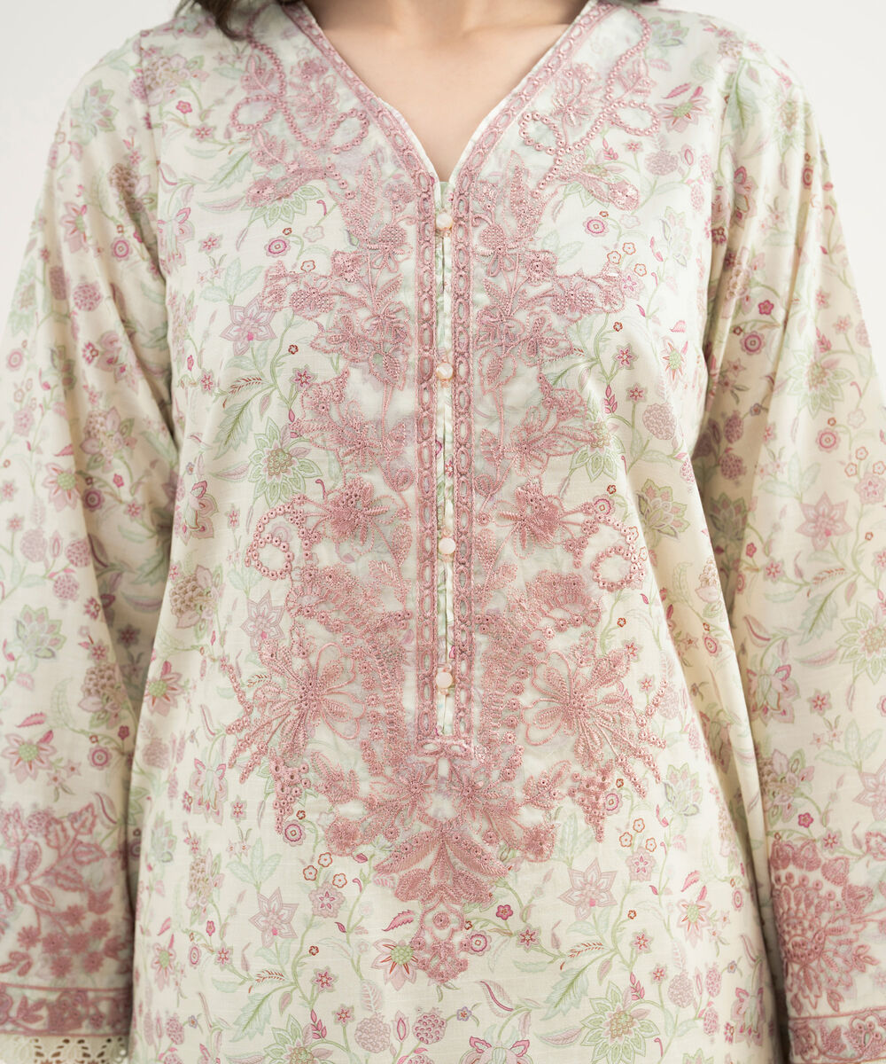 Women's RTW Slub Lawn Embroidered Off White A-Line Shirt